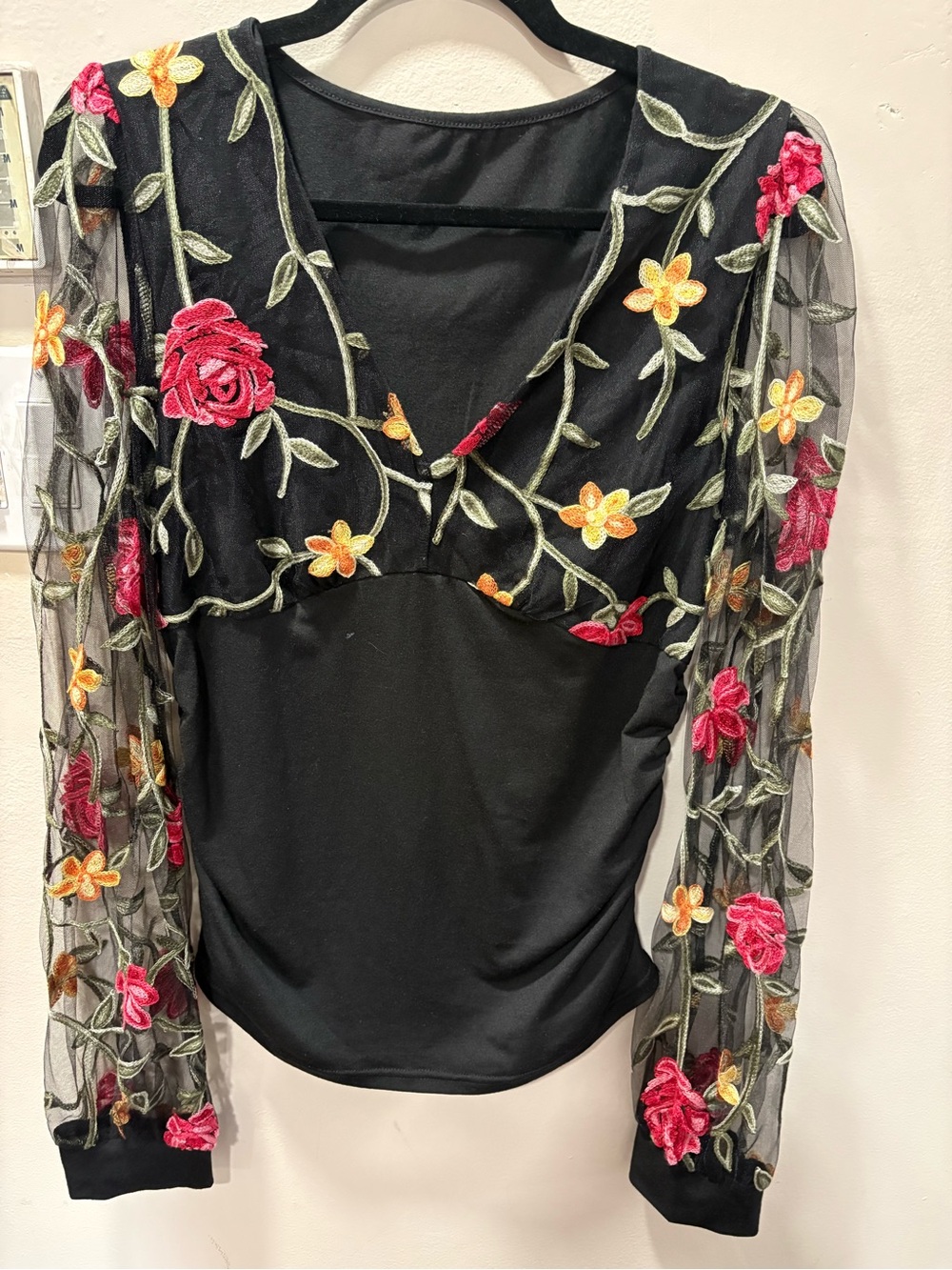 SHEIN Black Long Sleeve Top with Pink & Yellow Floral Embroidery